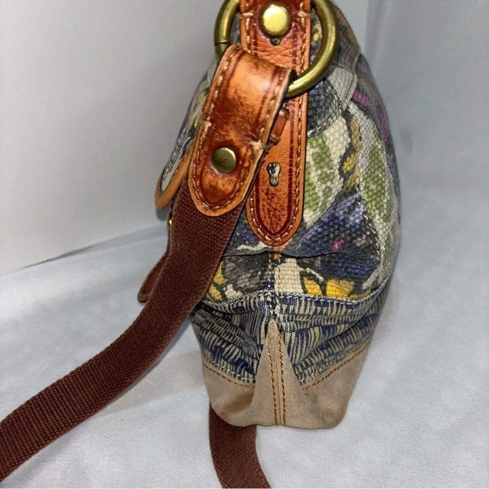 FOSSIL Vtg Boho Floral Canvas Suede Leather Crossbody Shoulder Bag - Picture 5 of 14